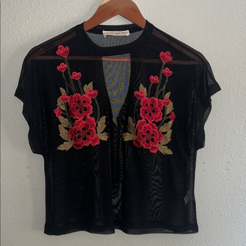 Black Sheer Top with Red Floral Embroidery